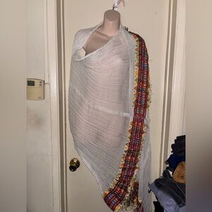 White and Multicolor Embroidered Women's Shawl